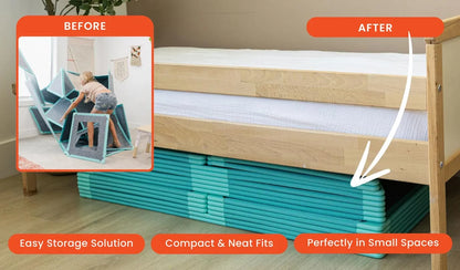 Superspace Big Set shown in a before-and-after comparison highlighting its easy storage solution. The "Before" image shows a child disassembling the playset, while the "After" image illustrates the neatly stacked panels stored compactly under a bed. Text emphasizes the benefits: "Easy Storage Solution," "Compact & Neat Fits," and "Perfectly in Small Spaces." Ideal for hassle-free cleanup and space-saving in the home.