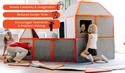 Children playing with the Superspace Big Set in its vibrant orange variant, constructing a large structure with magnetic panels. The image showcases key benefits: "Boosts Creativity & Imagination," "Reduces Screen Time," and "Encourages Teamwork & Problem-Solving." Perfect for open-ended, imaginative play that promotes cognitive and social development.