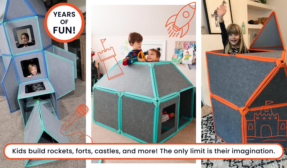 Three images showcasing the Superspace Big Set in action, built into different structures: a rocket, a fort, and a castle. Children of various ages are enjoying imaginative play, highlighting the versatility of the magnetic panels in both orange and teal colors. Caption reads, "Kids build rockets, forts, castles, and more! The only limit is their imagination." Perfect for endless creative play and developmental fun.