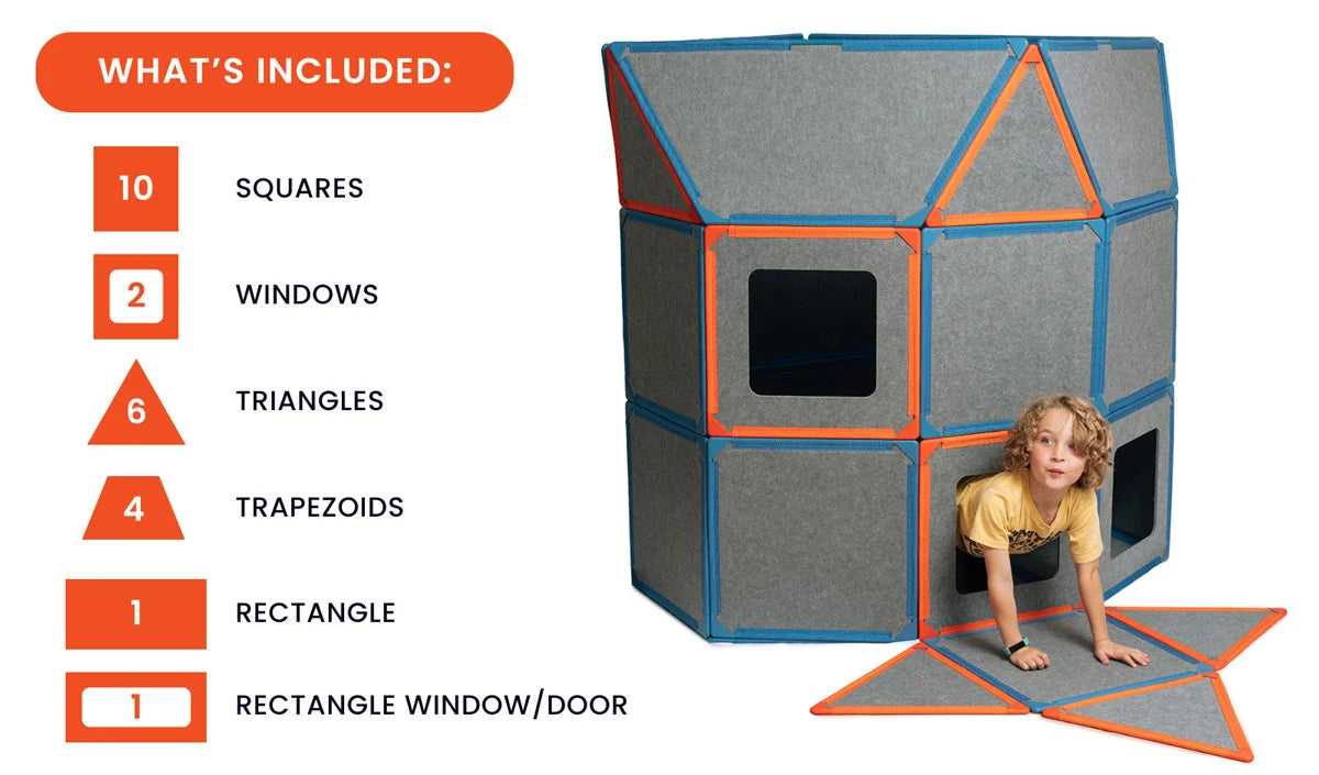 Superspace Big Set shown with a breakdown of what's included: 10 squares, 2 windows, 6 triangles, 4 trapezoids, 1 rectangle, and 1 rectangle window/door. The image features a child crawling out of a structure built using the magnetic panels, highlighting the variety of shapes for limitless imaginative play and building possibilities.