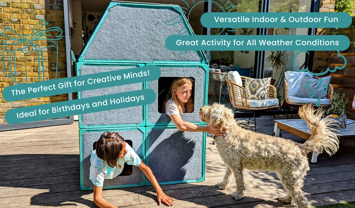 Children playing with the Superspace Big Set outdoors, building a large structure with teal-edged magnetic panels. A dog playfully interacts with them, showcasing the set's versatility. Text highlights key features: "The Perfect Gift for Creative Minds," "Ideal for Birthdays and Holidays," "Versatile Indoor & Outdoor Fun," and "Great Activity for All Weather Conditions." Perfect for imaginative and active play.